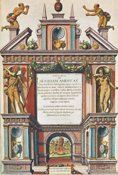 Navigatio in Brasiliam Americae. Frontispiz (Seite 447), 1563 von Theodore de Bry